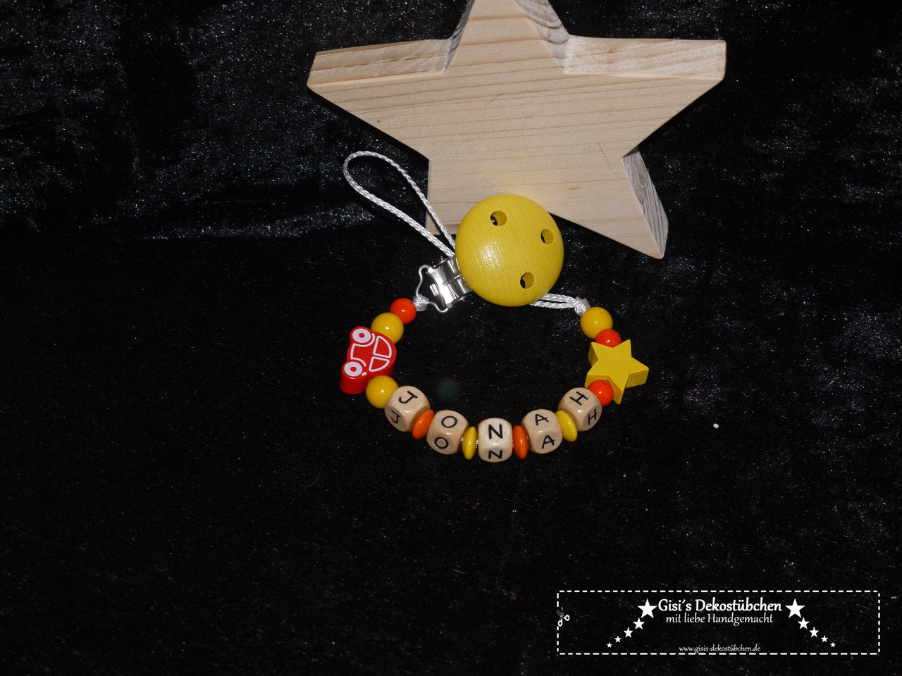 Pacifier chain with name "Car+Star-yellow-orange"