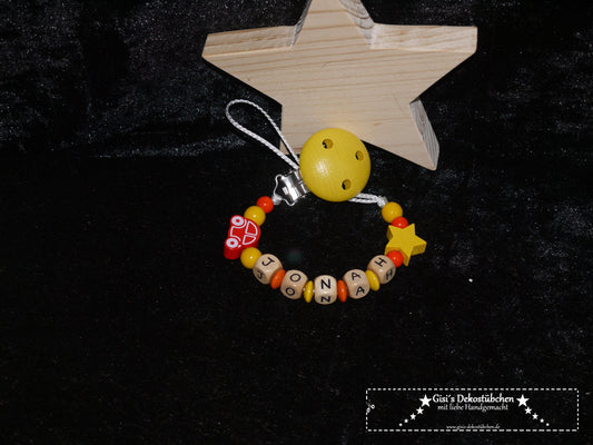 Pacifier chain with name "Car+Star-yellow-orange"