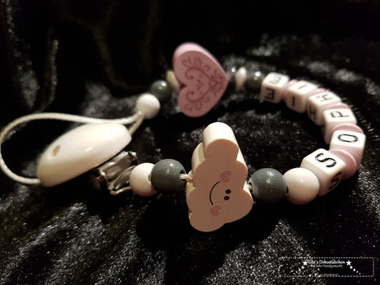 Pacifier chain with name, cloud, heart, pink 