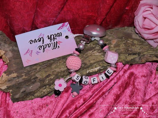 Pacifier chain with name, star, and flower 