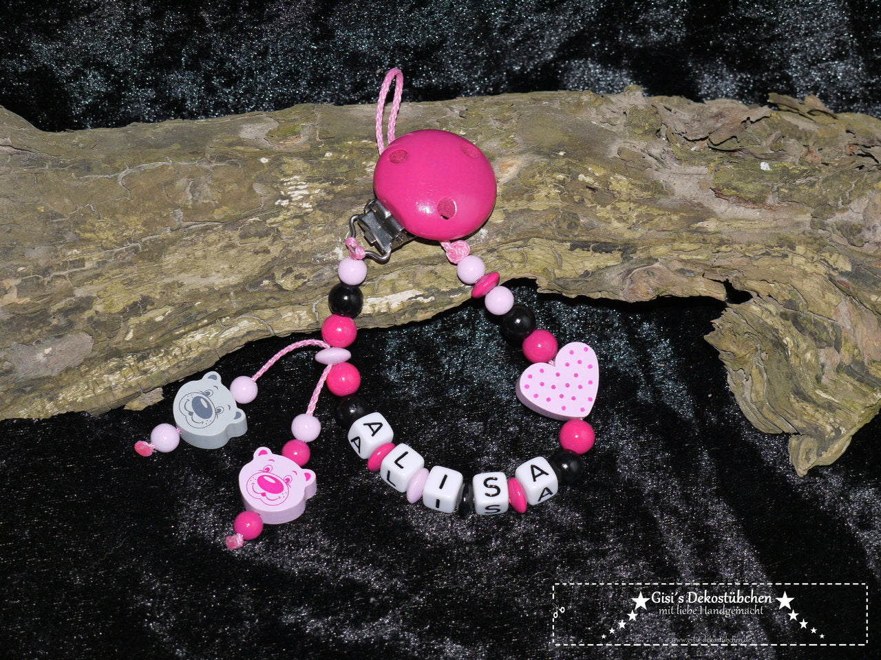 Pacifier chain with name Teddy Heart 