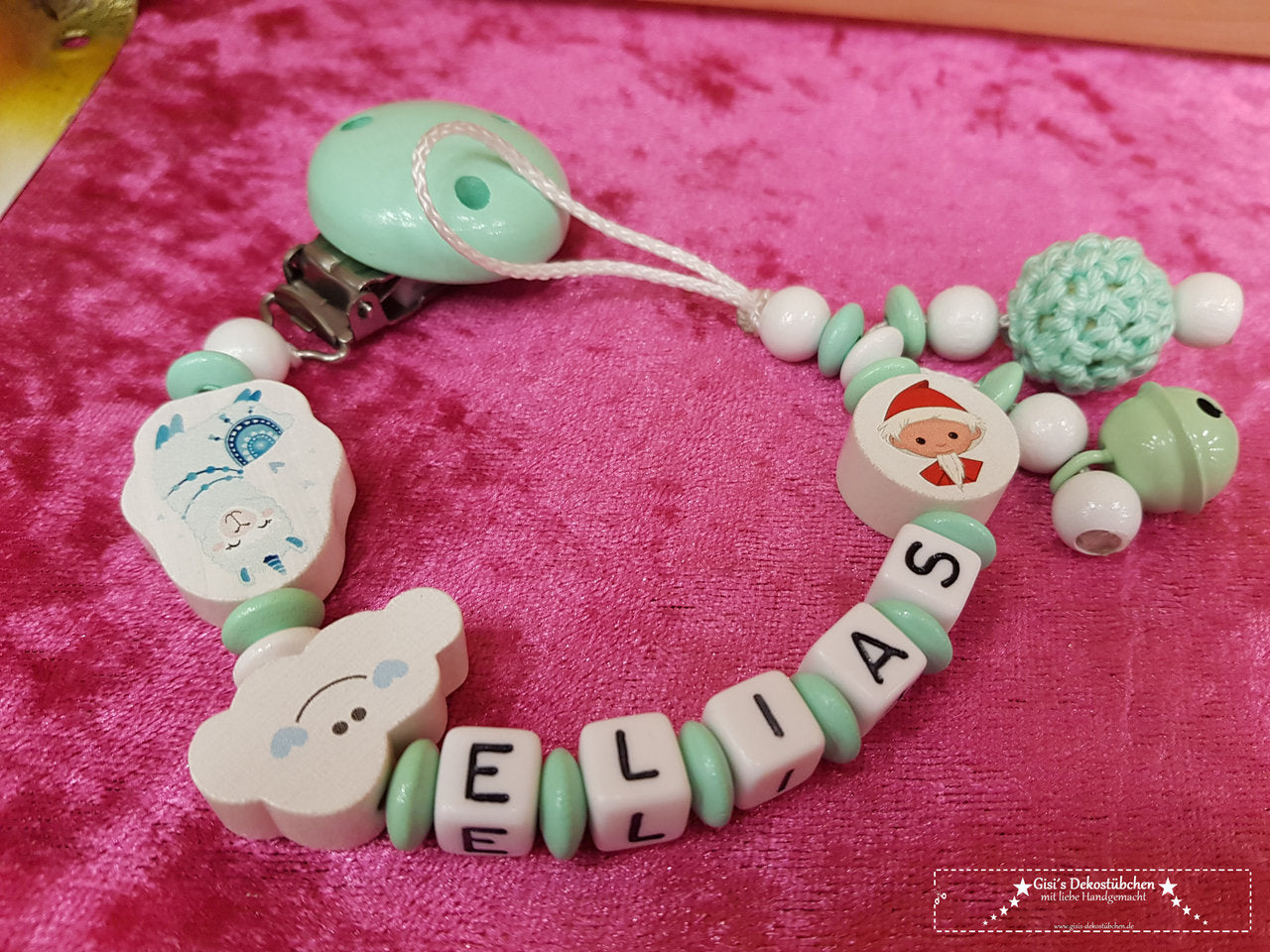 Pacifier chain with name, cloud and crocheted bead in mint 