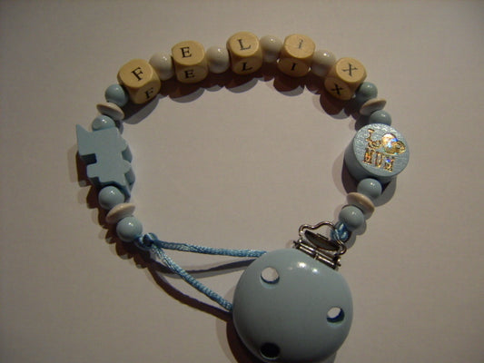 Personalized pacifier chain – Train/I Love Mom in blue/white