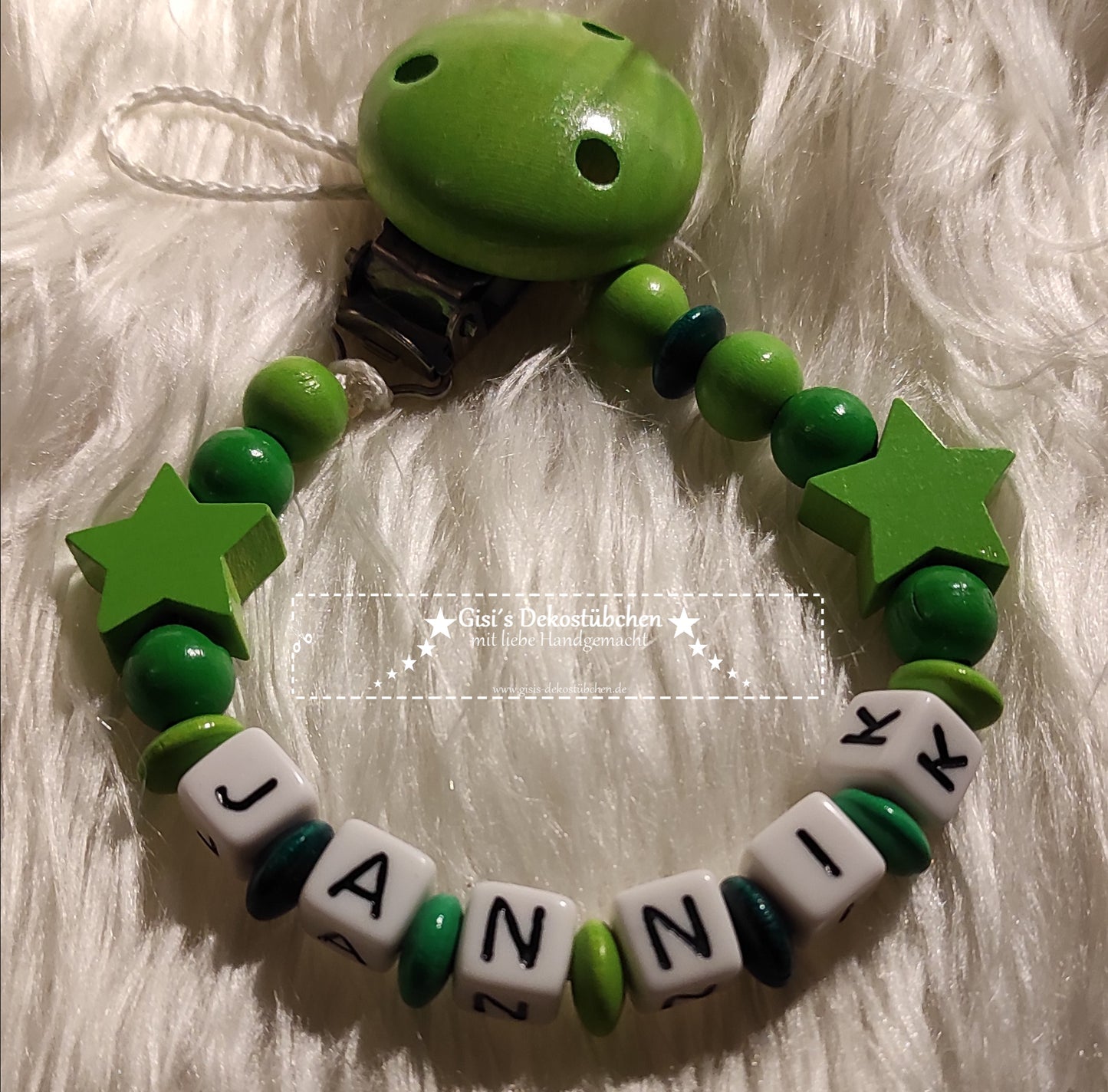 Pacifier chain with name and stars, green 