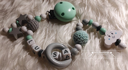 Pacifier chain with name, cloud + star, white/grey/mint 