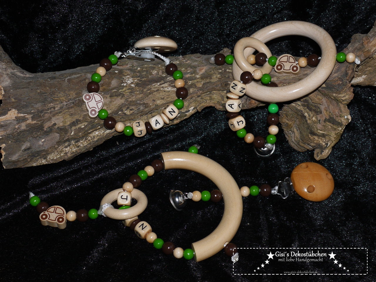 Set of pacifier chain, teething ring, and play clip, 3 pieces. 