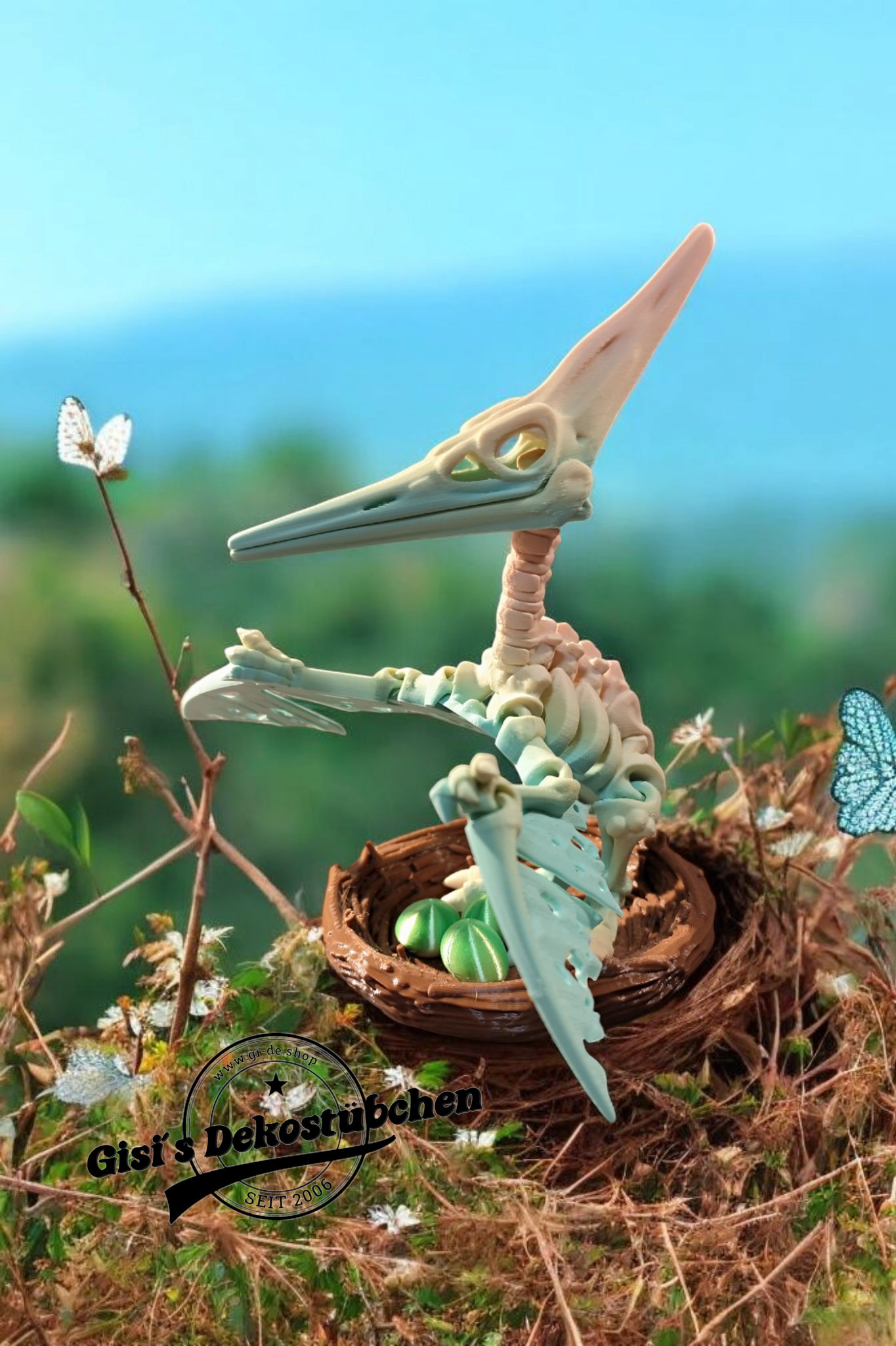 Skeleton Pteranodon with nest and eggs 3D
