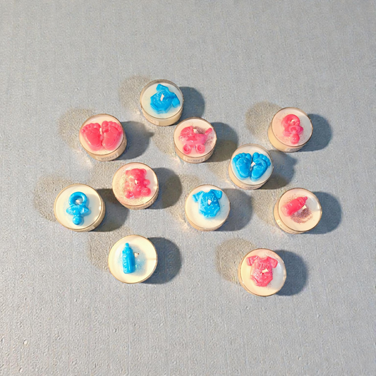 Soy wax tealights for baby showers – blue or pink baby-themed candles