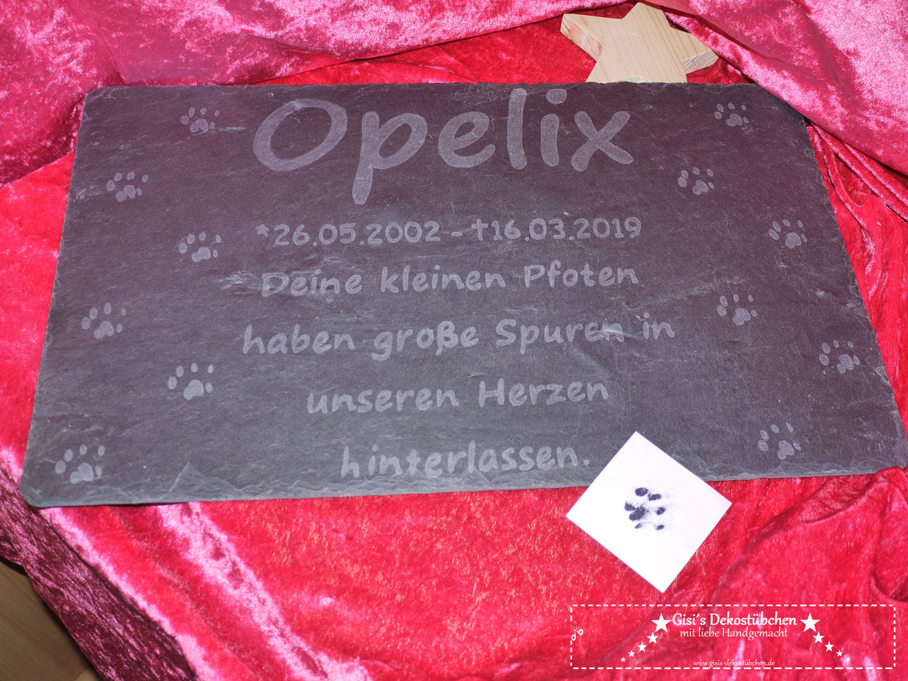 Pet gravestone made of slate, memorial stone with paw print engraving