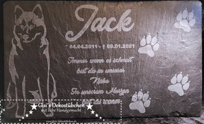 Pet gravestone made of slate, memorial stone with paw print engraving