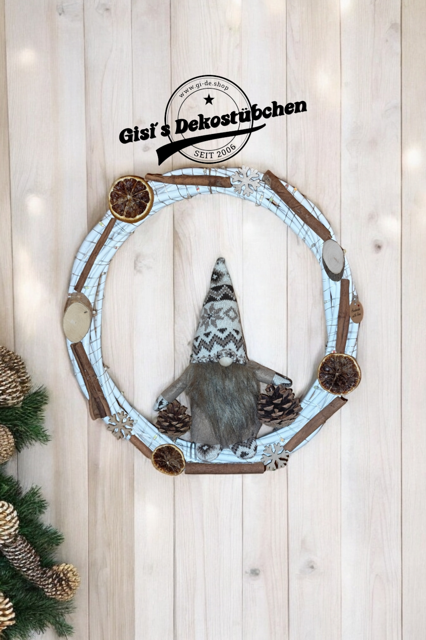 Door wreath, door decoration, door ornament, Christmas, gnome, pine cones, snowflakes, oranges, cinnamon, ribbon, modern