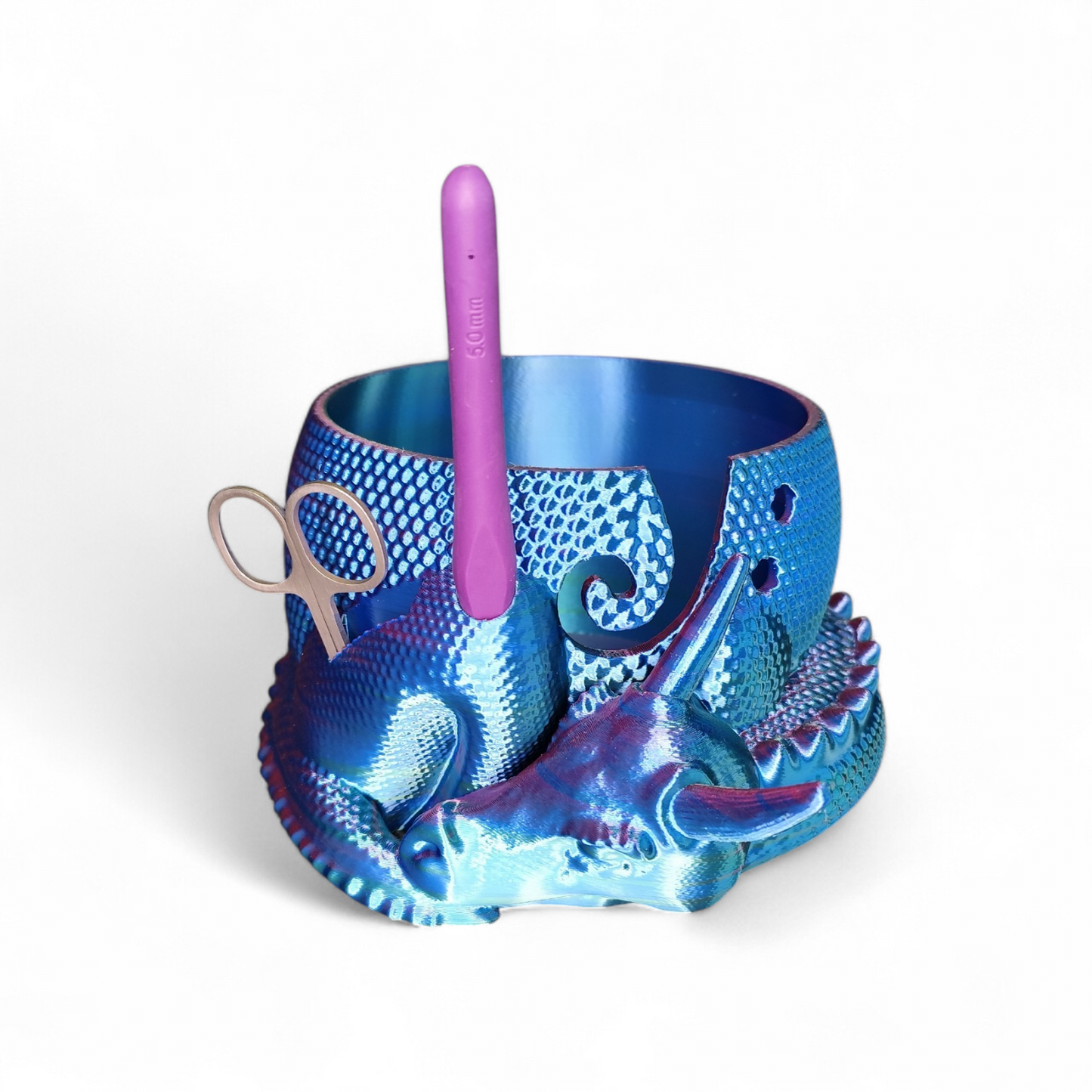 Wollhalter Drache 3D Druck – Wollschale mit Halter für Häkelnadel & Schere