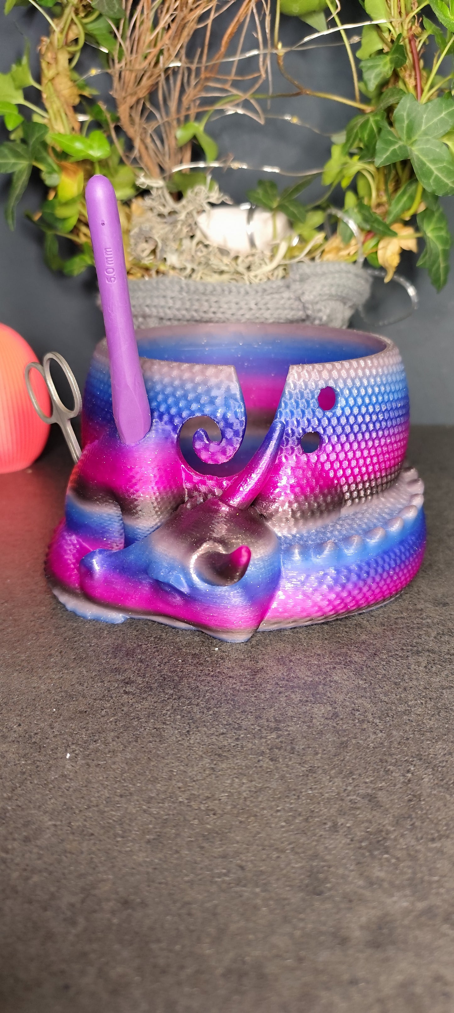 3D Printed Dragon Yarn Holder – Yarn Bowl with Holder for Crochet Hook & Scissors