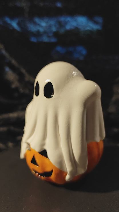 Ghost on Pumpkin made of Ceramic Halloween Autumn Spooky Decoration Hand-painted 